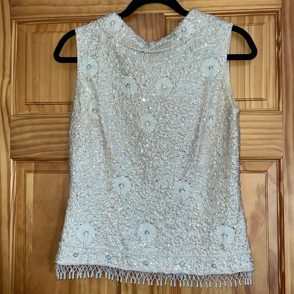 Vintage Helen Wong White Sequin, Bead, and Pearl Sleeveless Top [Size 38UK]